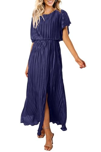 CCTOO Womens Summer Maxi Dresses: Plain Fit and Flare Elastic Waist Playful Ruffled Hem Ruched Sun Dress Navy Blue X-Large - Image 1