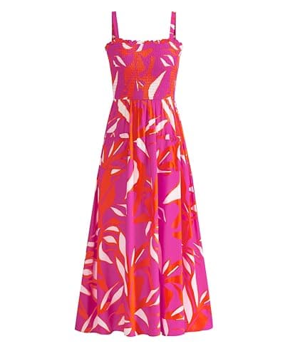 PRETTYGARDEN Womens Summer Dresses 2026 Casual Spaghetti Strap Ruffle Smocked Flowy Floral Spring Maxi Dress with Pocket(Rose Red Orange Floral,Large) - Image 1