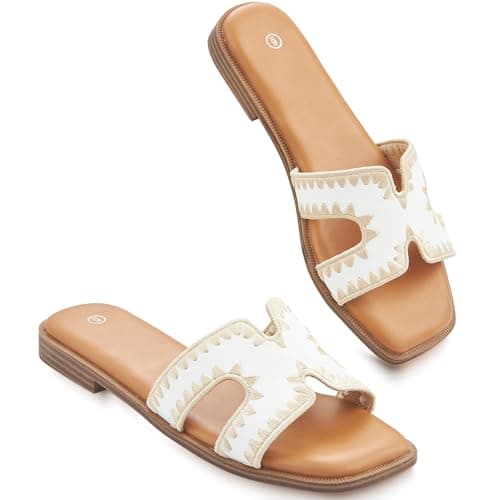 KENMITDY Sandals for Womens Slip On Fashion Flat Sandals Soft Memory Foam Slides Comfortable Leather Open Toe Slide Summer Dressy White Size 8 - Image 1