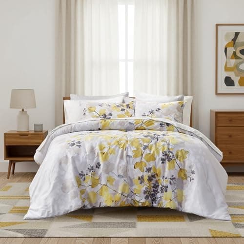 Regency Heights King Comforter Set Yellow Bed Set, 9 Pieces Cute Floral Bedding Set Ultra Soft Botanical Flowers Comforter, Sheets, Pillowcases & Shams - Image 1