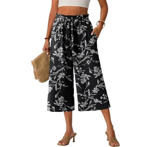 Womens Palazzo Wide Leg Pants Flowy Dressy Linen Cropped Vacation Summer Capri Gaucho Casual Slack Gauze Teacher Petite Women Boho Womans Ladies Trouser - Image 1