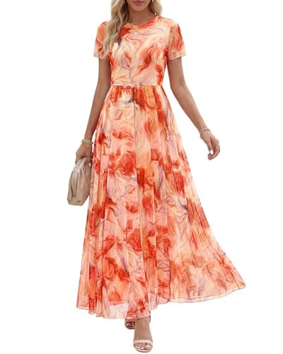 BTFBM Spring Dresses for Women 2026 Formal Short Sleeve Floral Homecoming Dress Maxi Wedding Guest Vacation Outfits(Floral Orange Red,XX-Large) - Image 1