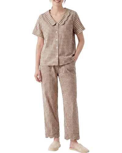 Bgylu Womens 100% Cotton Gingham Pajama Set 2 Piece Babydoll Sleepwear Short Sleeve Ruffle V Neck Button Top and Pants Cute Cozy Lounge Y2k PJs Brown - Image 1
