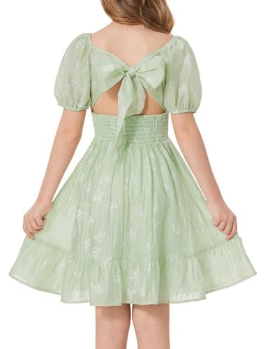 GRACE KARIN Girls Summer Tie Back Dress Square Neck Lantern Sleeve Ruffle Hem Elegant Dresses Green 7Y - Image 1