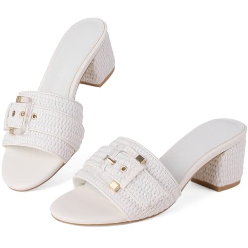 COMFITORIA Raffia Heeled Sandals Women Block Open Toe Slip on Mules