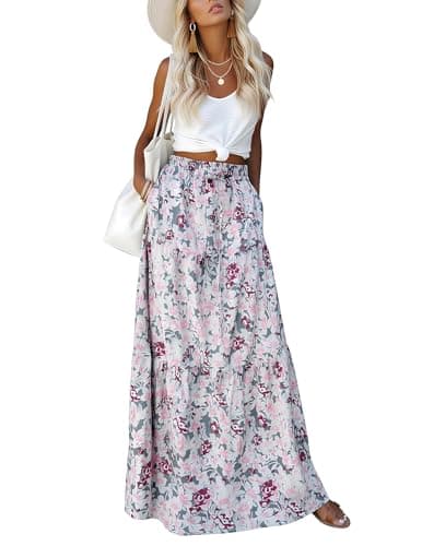 Aprolive Women's Maxi Skirts Chiffon A-Line Midi Skirt Elastic Waist Ruffle Smocked Skirt High Waisted Tiered Skirts Swing Beach Dress(1-Floral,XX-Large) - Image 1