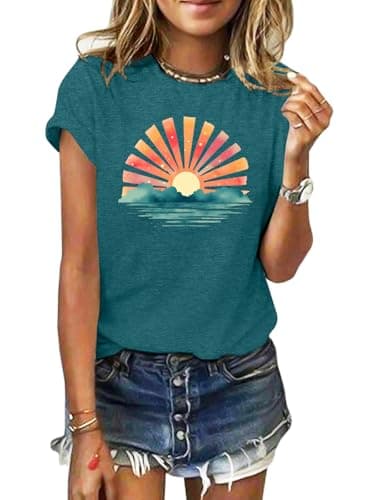 GEMLON Graphic Tees for Women Sunrise Sunset Sunshine T Shirt for Women Outdoor Workout Hawaii Beach Sea Nature Adventure Tee Top(Teal t Shirt L) - Image 1