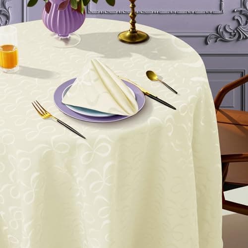 Cream Round Tablecloth 70 Inch (4-6 Seat) - Cotton Polyester, Wrinkle/Fade Resistant, Reusable - Luxury Jacquard Table Cloth - 1PC Circle Table Cover for Dining, Wedding & Birthday Party, Cream Bows - Image 1