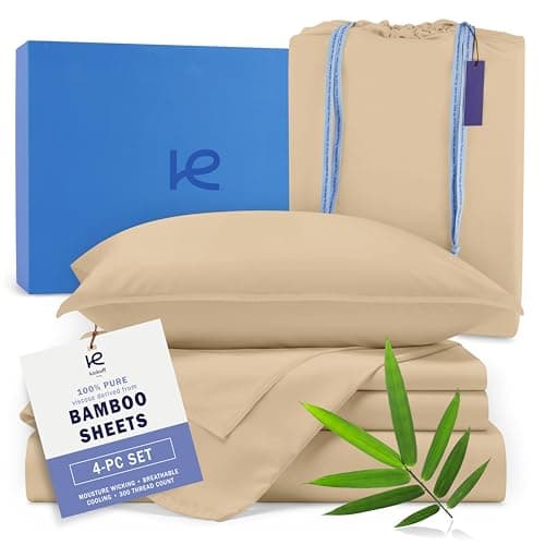 Kickoff Viscose Bamboo Sheets Full Size 4-pc 100% Organic Bamboo Viscose Bed Cooling Sheets Full Size Set Cool Bedding for hot Sleepers Sheet Set - Gift Ready Packaging (Beige, F)
