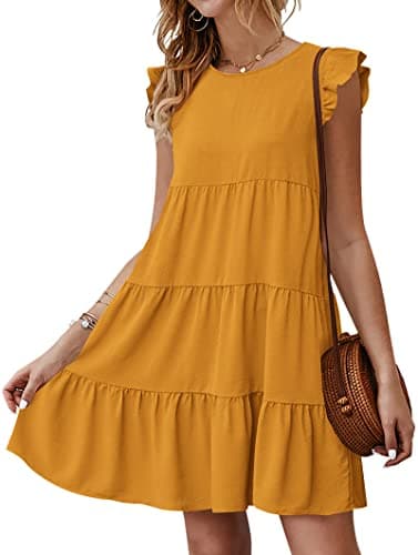 KIRUNDO Women's Casual Dresses 2026 Summer Sleeveless Ruffle Sleeve Round Neck Loose Short Flowy Tiered Pleated Mini Dress(Dark Yellow, X-Large) - Image 1