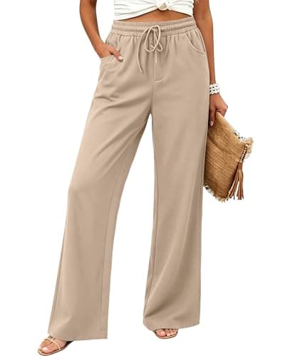 JEKAOYI Wide Leg Pants for Women Flowy Palazzo Drawstring Elastic Waist Trousers with Pockets Summer Beach Vacation Pants Light Khaki - Image 1