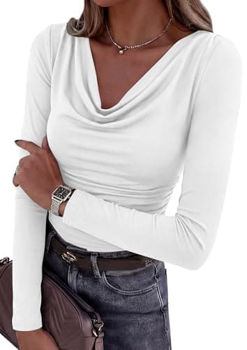 PRETTYGARDEN Women's Long Sleeve Shirts 2026 Fall Outfits Cowl Neck Ruched Slim Fitted Going Out Tops Y2K Fashion Clothing (White,Small) - Image 1