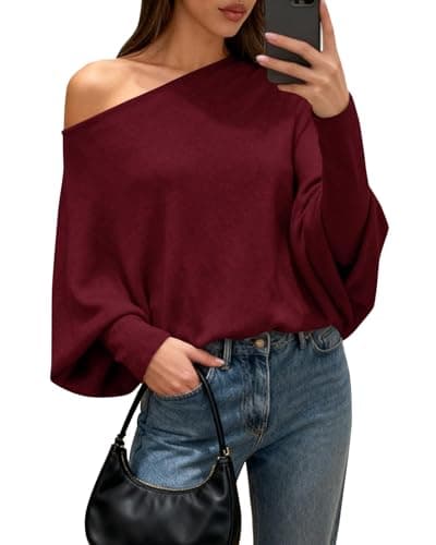 BTFBM Casual Fall Sweaters for Women 2026 Long Batwing Sleeve Ribbed Knit Tops Pullover Loose Off The Shoulder Sweater(Wine Red,Large) - Image 1