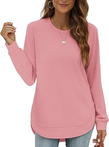 OFEEFAN Fall Sweaters for Women 2023 High Low Tops Womens Sweatshirt Trendy Baby Pink L - Image 1