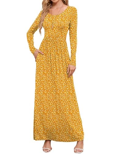DEARCASE Maxi Dress for Women Floral Yellow Crush Flower Large Round Neck Boho Long Sleeves A-line Casual Hawaiian Empire Waist Flowy Party Vintage Spring Fall Winter Floor Dresses with Pocket - Image 1