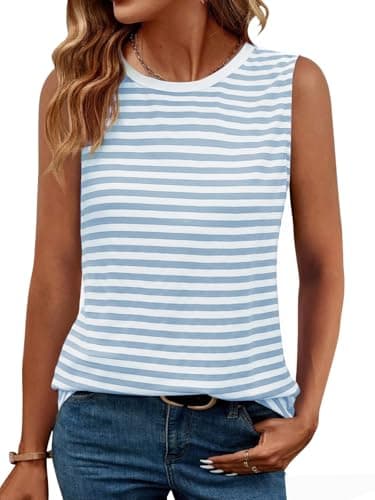GKBK Womens Tank Tops High Neck Loose Fit Casual Summer Sleeveless Shirts 2026 Beach Vacation Outfit Cured Hem White/Blue - Image 1
