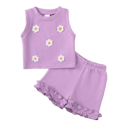 Kislio Toddler Baby Girl Outfits Floral Summer Clothes Waffle Sleeveless Tops Ruffle Shorts Cute Infant Spring Clothes Set - Image 1