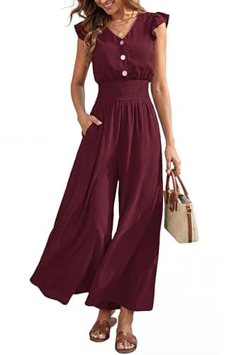 dowerme Women's Jumpsuits Dressy Casual 2026 Summer Ruffle Cap Sleeve V Neck Button Smocked Rompers Wide Leg Overalls(Burgundy,Medium) - Image 1