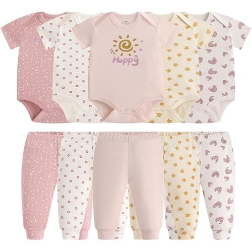 MEYSAHO Baby Newborn Layette 10-Piece Set Cotton Bodysuits Short Sleeve Pants Sets Strawberry Flower Printed for Baby Boys Girls Clothes Unisex Baby Gift Sets for 9 12 Months - Image 1