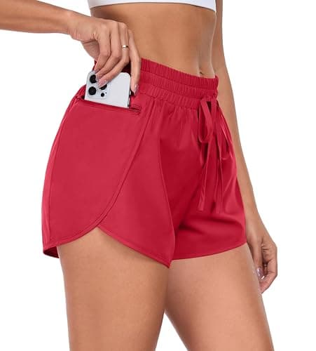 PrinStory Womens Athletic Shorts High Waisted Running Quick Dry Gym Workout Shorts with Zipper Pockets Red-M-FBA - Image 1