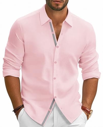 PJ PAUL JONES Mens Untucked Dress Shirts Casual Button Up Shirt Long Sleeve Business Casual Shirts Pink L - Image 1