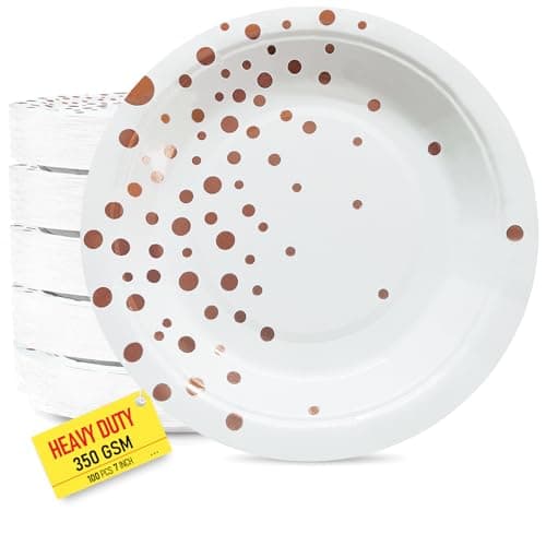 100 PCS Disposable Paper Plates for Party Supplies, White and Rose Gold Dessert/Cake Plates, Heavy Duty Gold Plate for Party, Birthday, Graduation, Wedding, Engagement, Baby Shower,Anniversary (7IN)