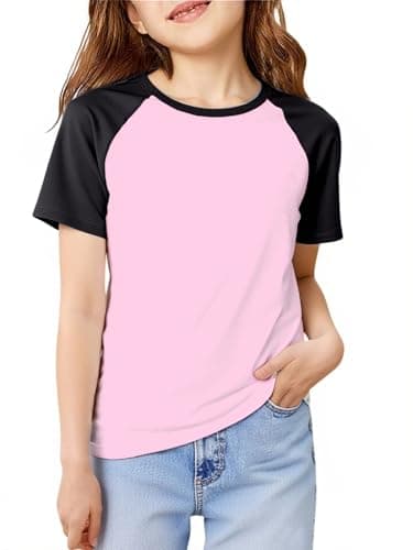 XIZIFLYO Girls Short Sleeve T Shirts Kids Summer Casual Tops Crewneck Color Block Fashion Tees 5-14 Years Pink - Image 1