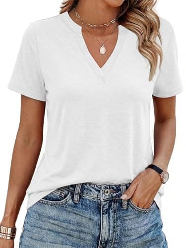 YESTTO Womens V Neck Summer Tops Short Sleeve T Shirts Loose Fit Casual Tee Trendy Basic Tops Lightweight Breathable Fashion Clothes 2026 White