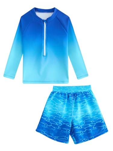 Boys Rash Guard Swimsuits 2 Piece Swim Set Zipper Long Sleeve Bathing Suit with Swim Trunks Gradient Blue 11-12 Years - Image 1