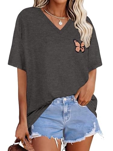 Oversized Tshirts for Women Summer Flowers V Neck Graphic Vintage Tees Short Sleeve Casual Loose Woens Basic Tops,Black Butterfly,Small - Image 1