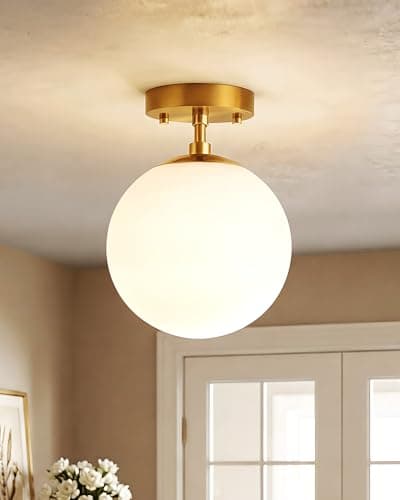 Majade Semi Flush Mount Ceiling Light 6" Globe Mid Century Modern Light Fixture Milk Glass with Gold Brass Finish Light Fixtures for Hallway Entryway Kitchen Island Closet Laundry Bathroom - Image 1