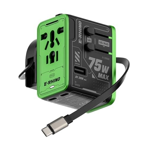 Mfish 75W Universal Travel Adapter with Retractable USB-C Cable, 3 USB-C & 1 USB-A, 1 AC Outlet, International Wall Charger for MacBook, iPhone, iPad, EU/UK/US/AUS, Type A/I/G/C, Black - Image 1
