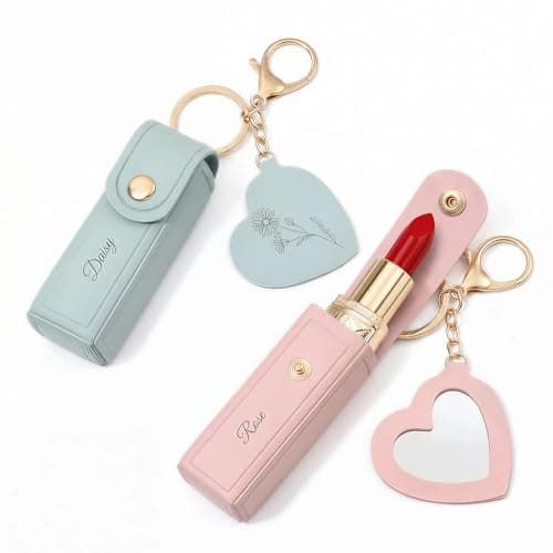 NYLGOXITK Customized engraved lipstick case keychain with mirror - Personalized mini lipstick travel case, compact makeup storage bag, a gift for ladies and girls - Image 1