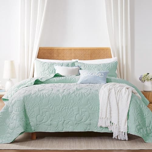 WDCOZY Coastal Beach Twin Size Quilt Bedding Sets, Seafoam Green Nautical Tropical Ocean Bedspread, Scallop Seashell Soft Coverlet, Lightweight Summer Thin Comforter for All Season