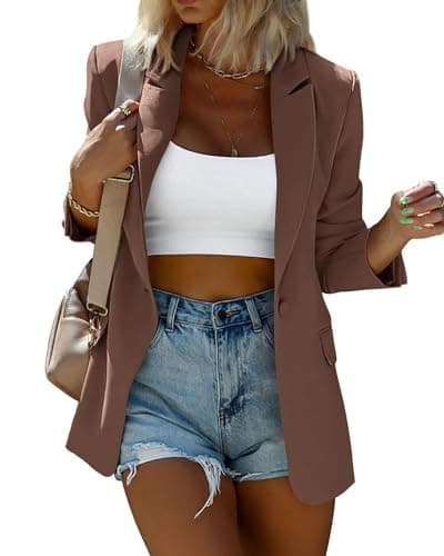 KIRUNDO Women's Blazers & Suit Jackets Tan Long Sleeve Lapel Button Lightweight Blazer Casual Work Office Outfits Spring Fall 2026(Coffee, Large) - Image 1