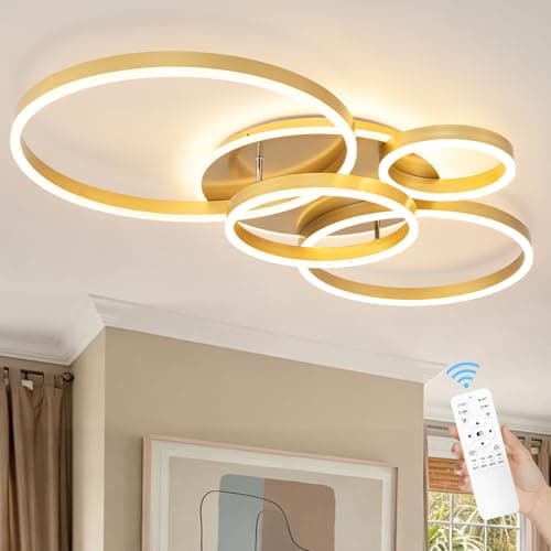Modern LED Ceiling Light Gold Flush Mount Ceiling Light Dimmable Dining Room Light Fixtures with Remote 4 Rings Acrylic Kitchen Lighting Fixtures Ceiling Lamp for Living Room Bedroom (Gold, 4 Rings) - Image 1