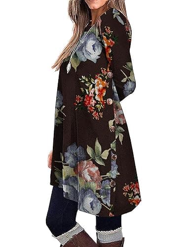 KORSIS Dresses for Women Flower Mix Coffee Red Small Long Sleeve Round Neck Casual Button Side T Shirts Loose Fitting Sweater Jumper Fall Winter Tunic Dress - Image 1