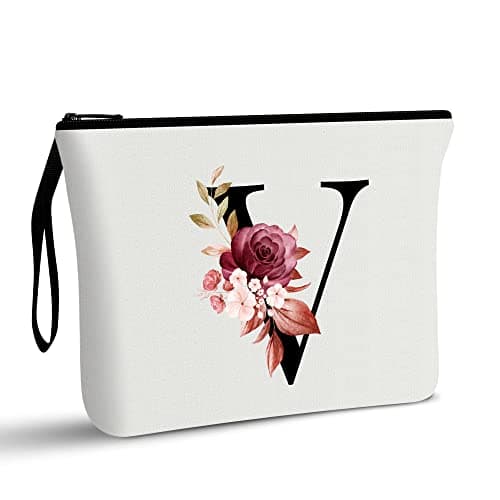 Vavabox A-Z Personalized Makeup Bag, Birthday Gifts for Women Mom, Gifts for Best Friend, Bride Bridesmaid Cosmetic bag (V, White) - Image 1