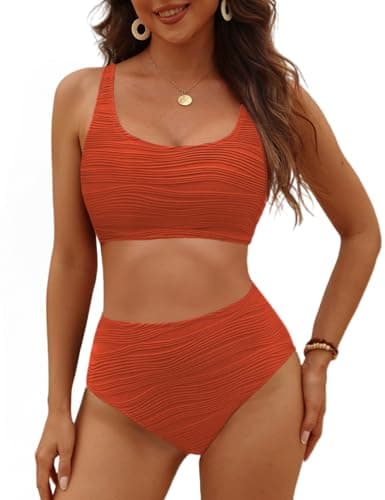 VIMPUNEC High Waisted Bikini Sets for Women Sporty Tummy Control Swimsuits High Cut Two Piece Bathing Suit Orange XL
