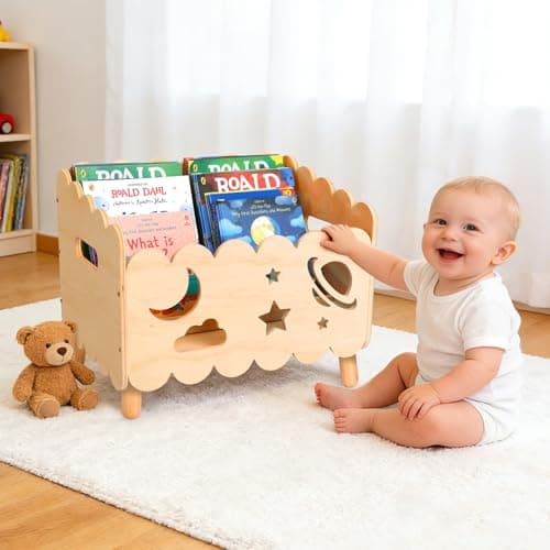 Kids Bookshelf, Montessori Toddler Bookshelf for Kids 2 Adjustable Dividers - Image 1