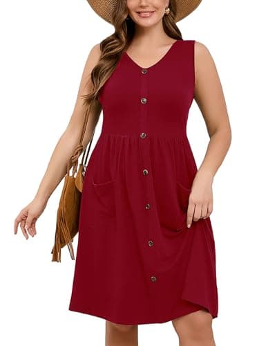 AusLook Plus Size Women Summer Dress Sleeveless V Neck Casual Cute Loose Sundress Burgundy 4X Comfy Swing Button Down Midi Work Flowy Tunic Ladies Beach Vacation Teacher Dresses with Pockets - Image 1