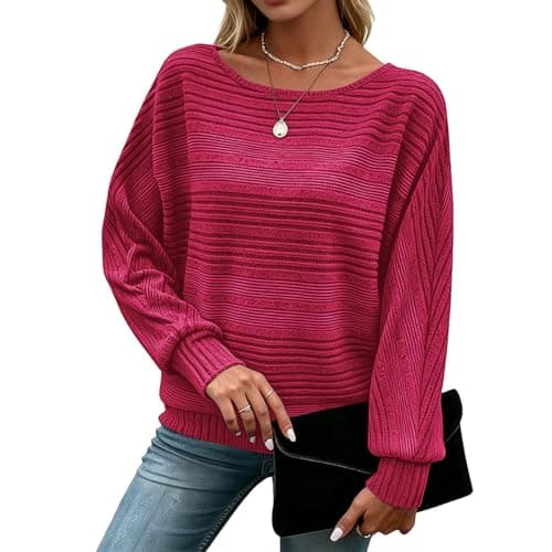 Anyshe Women's Batwing Long Sleeve Lightweight Pullover Sweaters, Crewneck Business Casual Tops for Office Work Daily Wear, Fuchsia, Small - Image 1