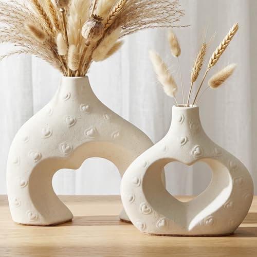 Ceramic Heart Flower Vase Home Decor Set of 2, Farmhouse Table Vases Rustic Vintage Living Room Kitchen Bedroom Decorations for House Book Shelf Office Coffee Desk Dining Fireplace - Image 1