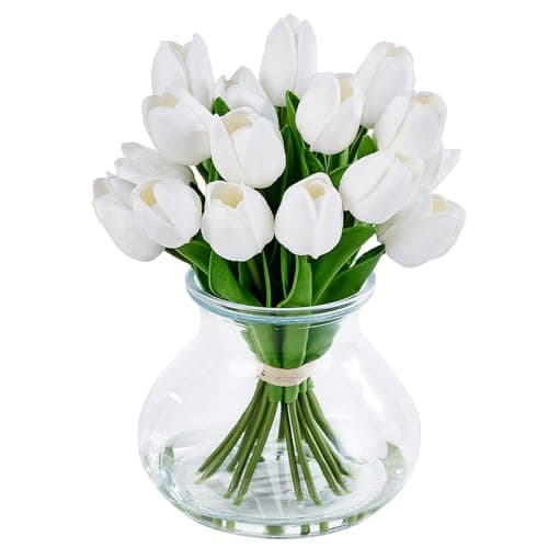 VeriNatural White Artificial Flowers Tulips with Vase, 10" Fake Tulips Arrangements in Glass Vase with Faux Water,18 Pcs PU Faux Tulip Stems Real Touch for Home,Table,Kitchen,Wedding Decor - Image 1