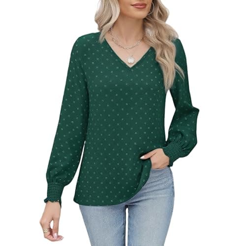 GAMISS Basic Stretchy Blouse Swiss Dot Shirt for Women Long Sleeve V Neck Shirt Beige, L - Image 1