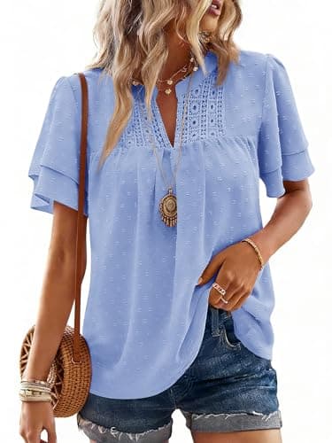 Bellcoco Womens Dressy Casual Tops Summer Ruffle Short Sleeve Boho Flowy Shirts Swiss Dot V Neck Work Blouses(Light Blue,XX-Large) - Image 1