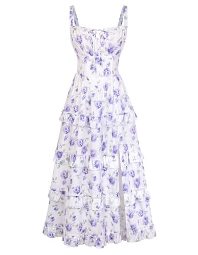 Women's Floral Corset Dress 2026 Summer Spring Wedding Guest Dresses Flowy Sundress with Pockets Purple Floral M - Image 1
