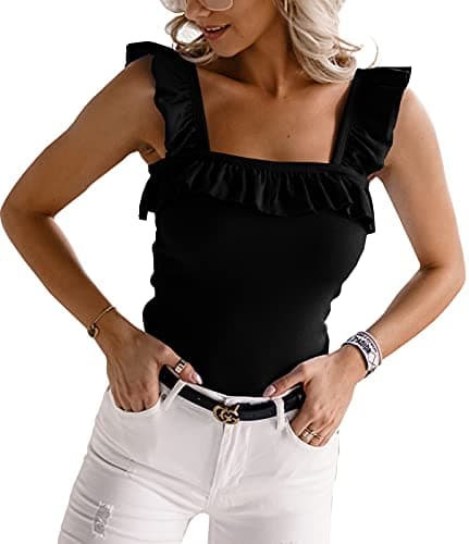 CNJFJ Womens Cute Sleeveless Tank Tops Ruffle Strap Square Neck Blouse Solid Color Knitted Camisole Black - Image 1