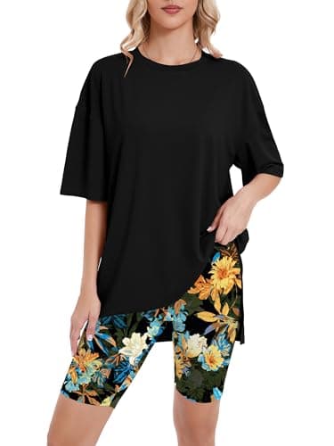 Heymoments 2 Piece Lounge Set for Women Oversized T-Shirt and Biker Print Floral Shorts Medium Pajama Set Soft Summer Pajamas Set Breathable Sleepwear Comfy Nightwear Womens Pjs Set - Image 1