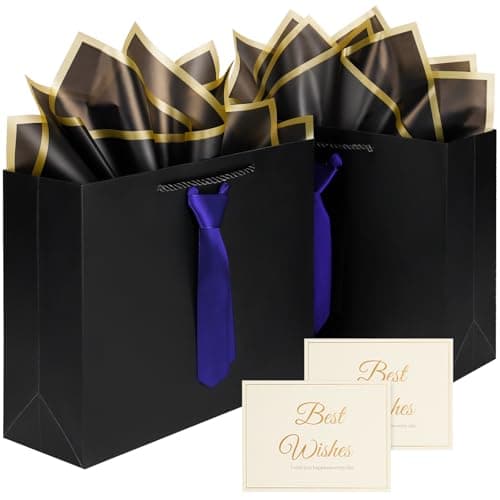 2 Pcs Fathers Day Gift Bags,Black Gift Bags with Handles and Pre-Tied Blue Tie, 4 tissue paper and 2Greeting Cards,Fathers Day Gift Bag, birthday gift bags for men boy, Teacher Appreciation gift bags,Graduation Party Wedding baby shower gif-t bags (Medium -black/Blue)